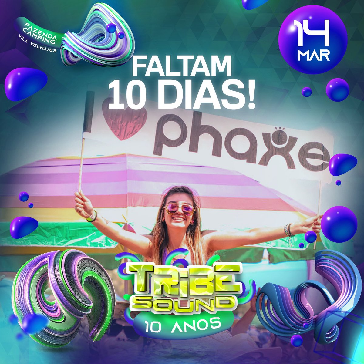 Faltam 10 dias! 
Música eletrônica é liberdade! 
.
O carinho do público que acompanha o projeto Phaxe é indescritível. A lenda do Offbeat vem pra eternizar esta edição tão especial.
.
#10Dias #Tribe10Anos #FazendaCamping #TribeSound #Classificação18anos
