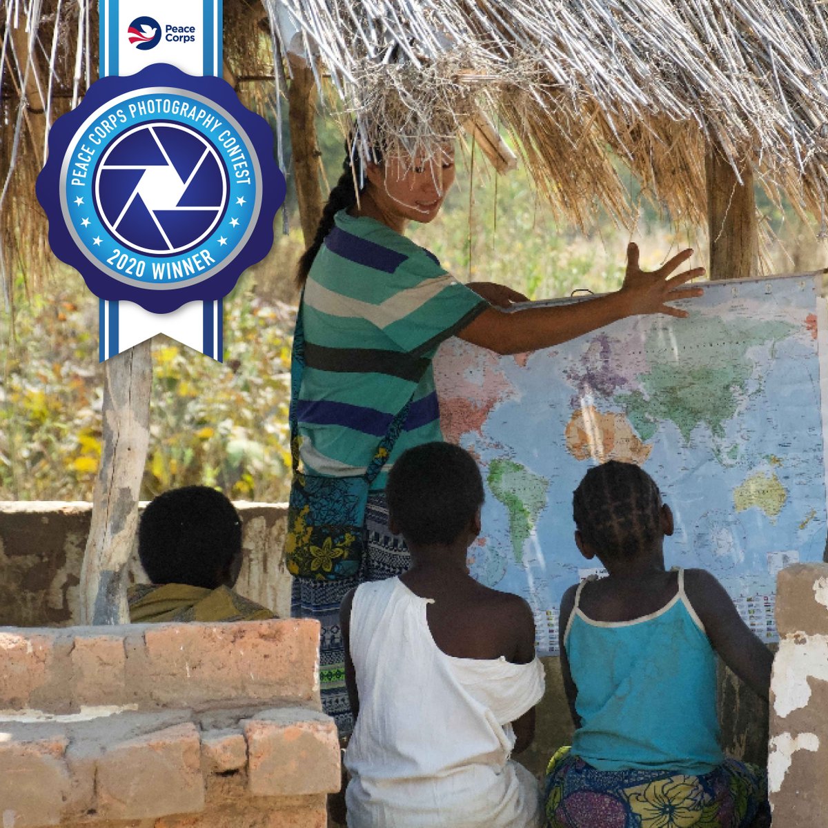 PeaceCorps's tweet photo. Lianne, a rural aquaculture promotion Volunteer in Zambia, teaches children in her community about the world map, which honors this photo as second place for Goal 2 this year.
#PeaceCorpsWeek #PhotoContest #HowIseePC https://t.co/iX7NDIQEOF