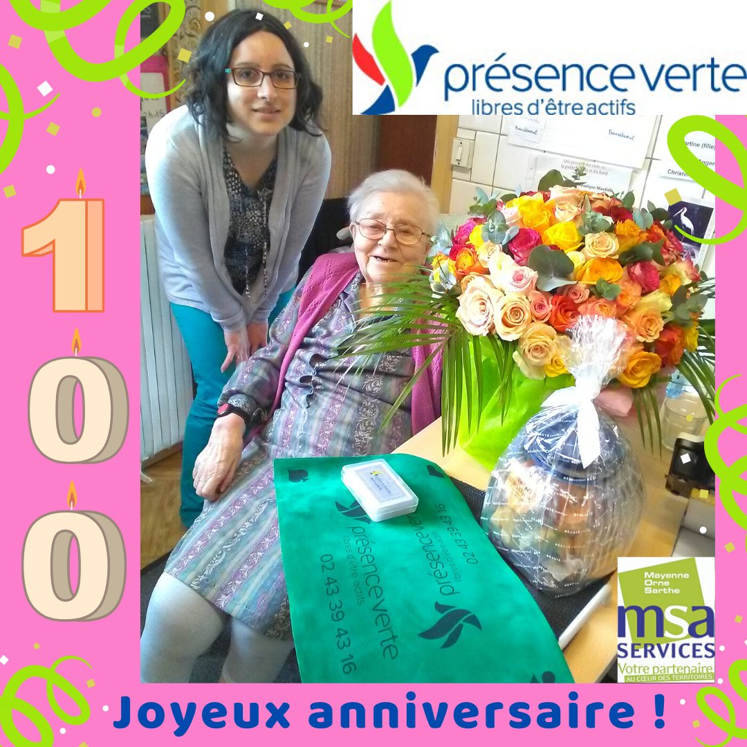 Notre belle centenaire à St Ouen de Mimbré ! #Sarthe 
👍Grâce aux visites régulières de ses enfants, #aideadomicile, #infirmiere, #TéléassistancePrésenceVerte, notre 👩‍🌾Ancienne agricultrice, Mme GALLIER-MORIN est heureuse de se maintenir à domicile 😀 
#presenceverte72 #autonomie