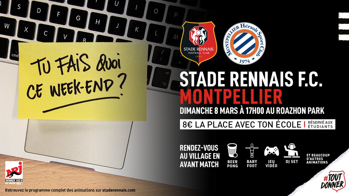 staderennais's tweet photo. [#StudentsFest]

🏟 Les étudiants seront à l'honneur face au @MontpellierHSC, dimanche dès 15h au @RoazhonPark ! 🔥

BDE, BDS, on vous attend 👉https://t.co/VOJMgPDZkr  😁

👋 Cc @NRJRENNES
---
#AllezRennes 💪🔴⚫️ https://t.co/IKI9rdInJN