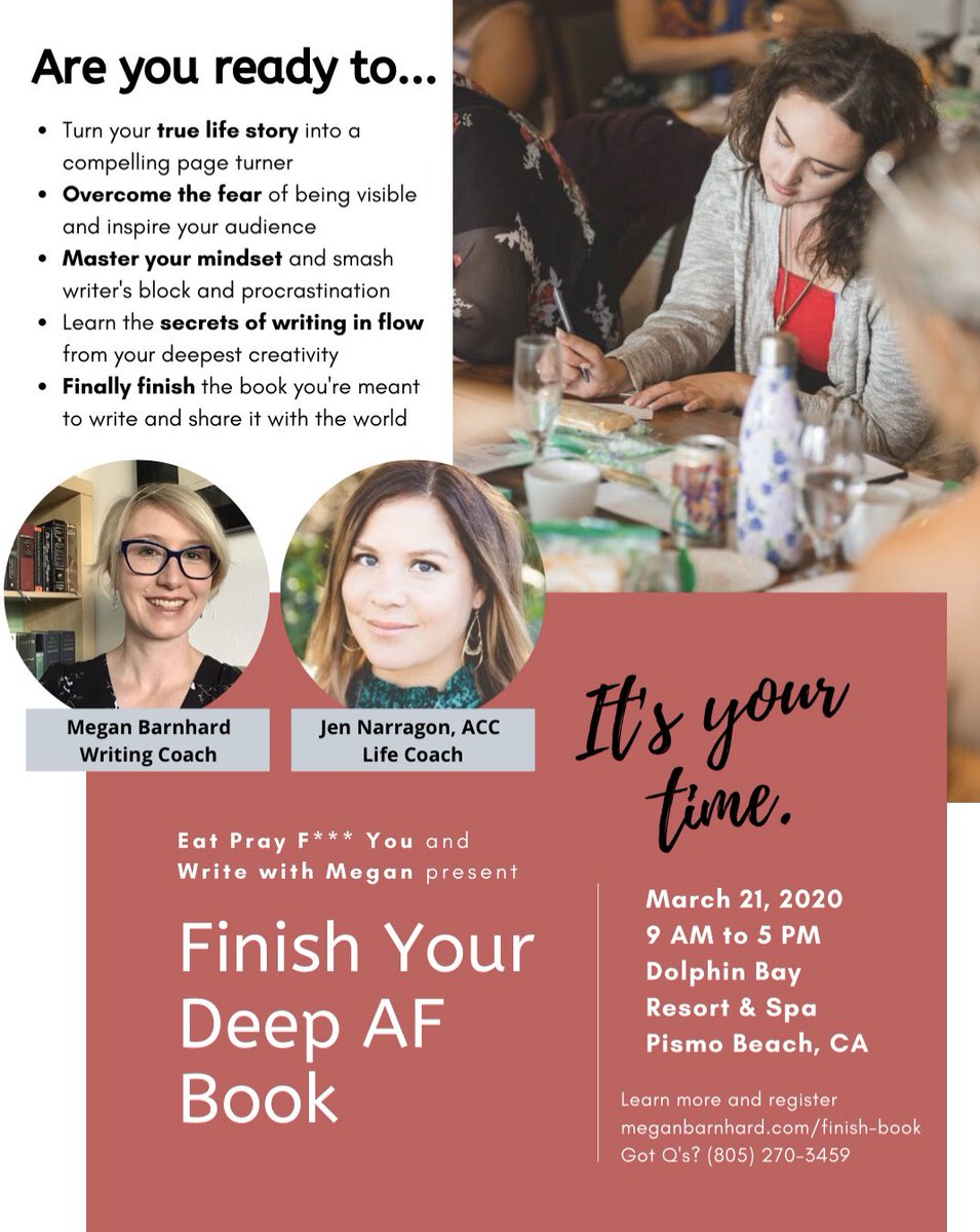 MeganBarnhard's tweet photo. WORKSHOP ✍️ @eatprayfyou &amp; I present “Finish Your Deep AF Book 📚 Finally Finish the #Book you’re meant to #Write and #Share with the 🌎 JOIN US 🙌March 21,2020 at @dolphinbayresort_ 🐬 📲 ( 805 ) 270-3459 | 💻 https://t.co/ms4kVRNvUf 👈 #PismoBeach #Cali #Writingcoach 💯 https://t.co/lhdh4PU0Ou