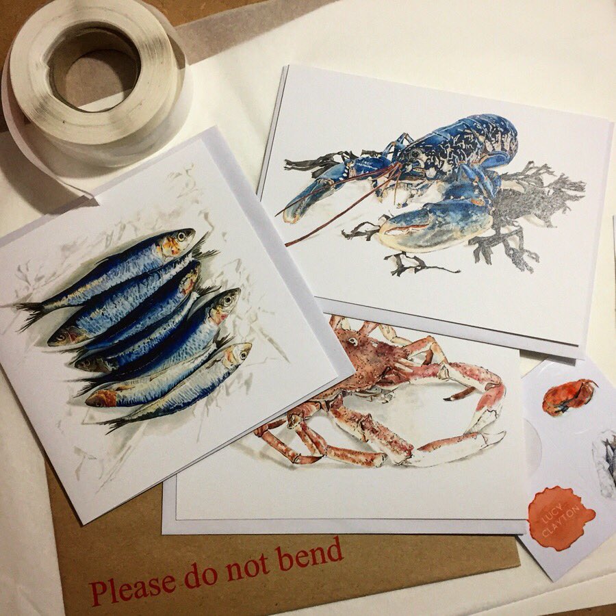 Wrapping and packing a trio of seafood cards to catch the morning post .
🐌✉️📮 
#greetingscards #lobster #sardines #spidercrab  #snailmail #justacard #Foodie #cards  
etsy.com/uk/listing/629…