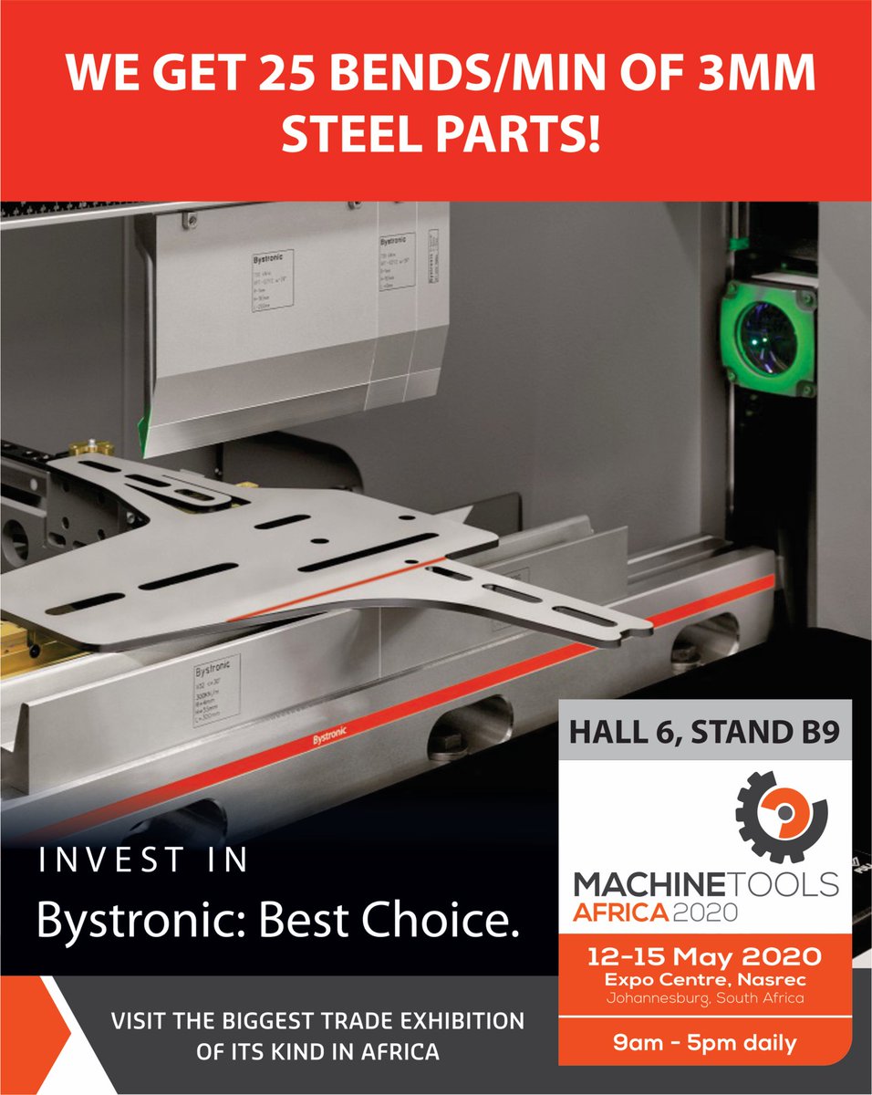 BystronicSA's tweet photo. The fastest bend! See our press brake in action at the Machine Tools Africa in May! #BystronicSA #MTA2020 https://t.co/EaV5elyFhh