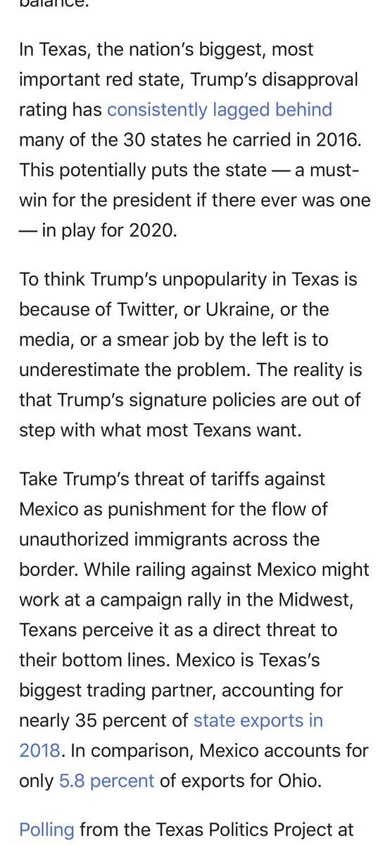 Another  is this TX primary is occurring against a backdrop of Trump being relatively unpopular not just with Ds but also Rs, who in TX were mostly backing Jeb or Cruz in ‘16. The TX GOP isn’t above letting TX and nationwide Ds take out their trash.  https://www.washingtonpost.com/opinions/2019/12/31/trump-is-unpopular-texas-state-wont-sit-quietly/