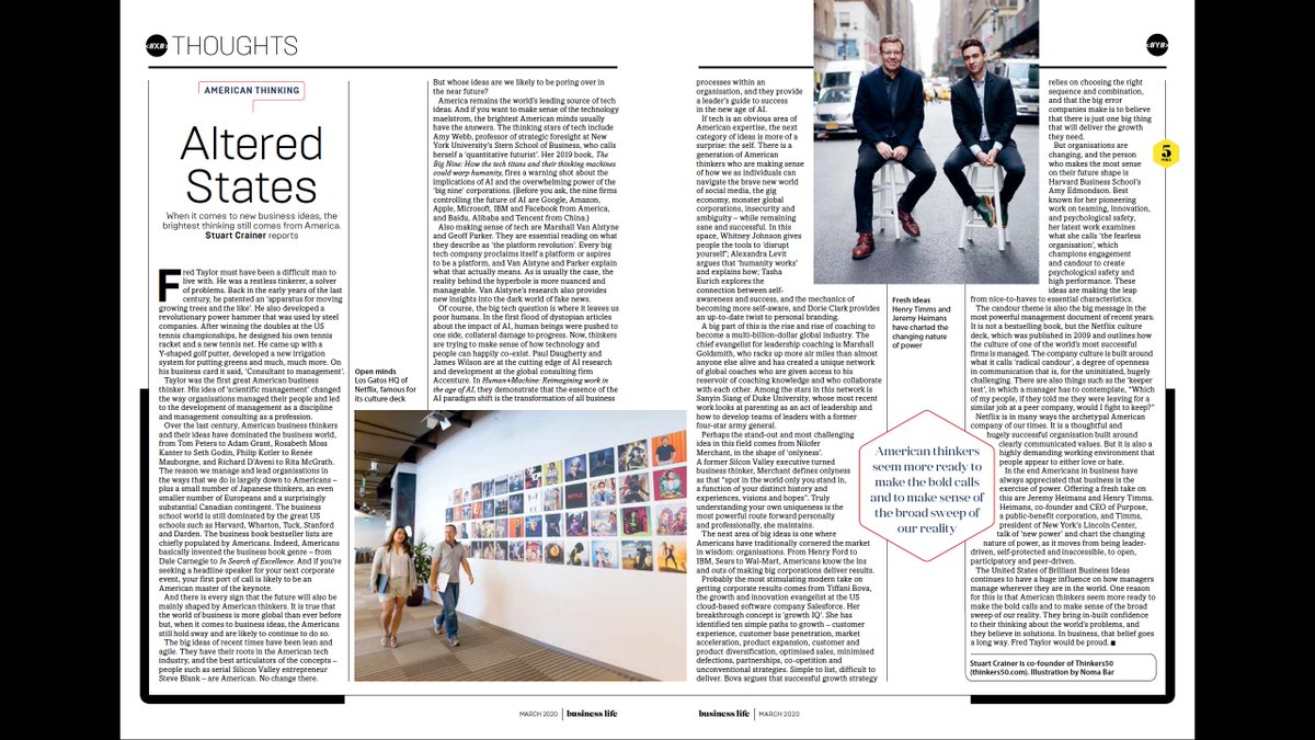 AshirvadLobo's tweet photo. RT @thinkers50: Stuart Crainer's article on the ideas to watch from America in this month's #babusinesslife feat.@nilofer @AmyCEdmondson @tashaeurich @alevit @dorieclark @InfoEcon @g2parker et al https://t.co/e3CfbTXa5q