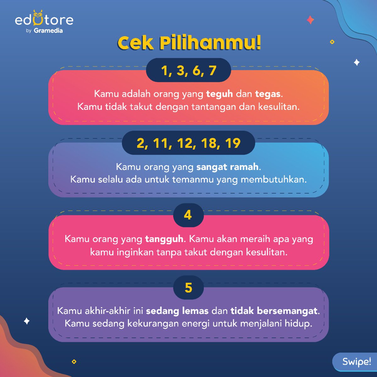 edutorecom's tweet photo. Edufriends, coba kita analisis karakter kamu berdasarkan gambar di bawah. Gambar nomor berapakah yang kamu pilih?

#Edutore #SemuaBisaPintar
#TesKepribadian #PersonalityTest https://t.co/yOkUU8QFbS