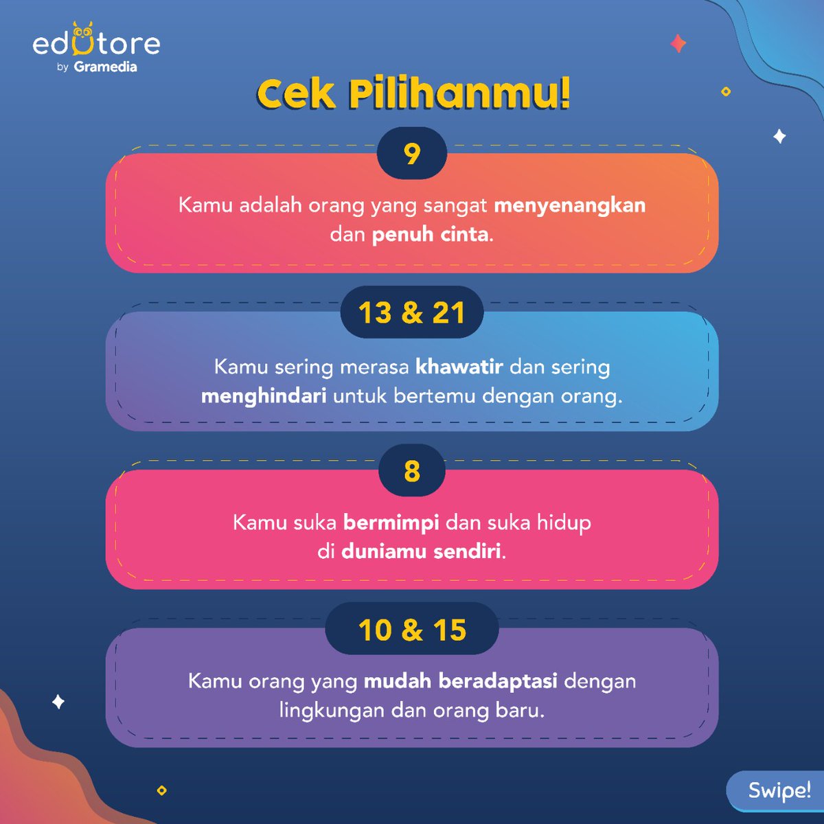 edutorecom's tweet photo. Edufriends, coba kita analisis karakter kamu berdasarkan gambar di bawah. Gambar nomor berapakah yang kamu pilih?

#Edutore #SemuaBisaPintar
#TesKepribadian #PersonalityTest https://t.co/yOkUU8QFbS
