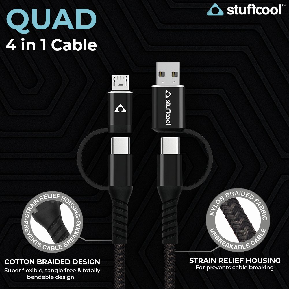 Stuffcool's tweet image. The ideal sync and charge cable-Quad Cable! A 4-in-1 multi-port cable that comes with a nylon braided design that is super flexible, tangle-free and totally bendable. 
Shop Now: bit.ly/2GfaxDc 
#Multiport #USB #Quad #QuadCable #Cable #TypeC #Stuffcool #LilThingsMatter