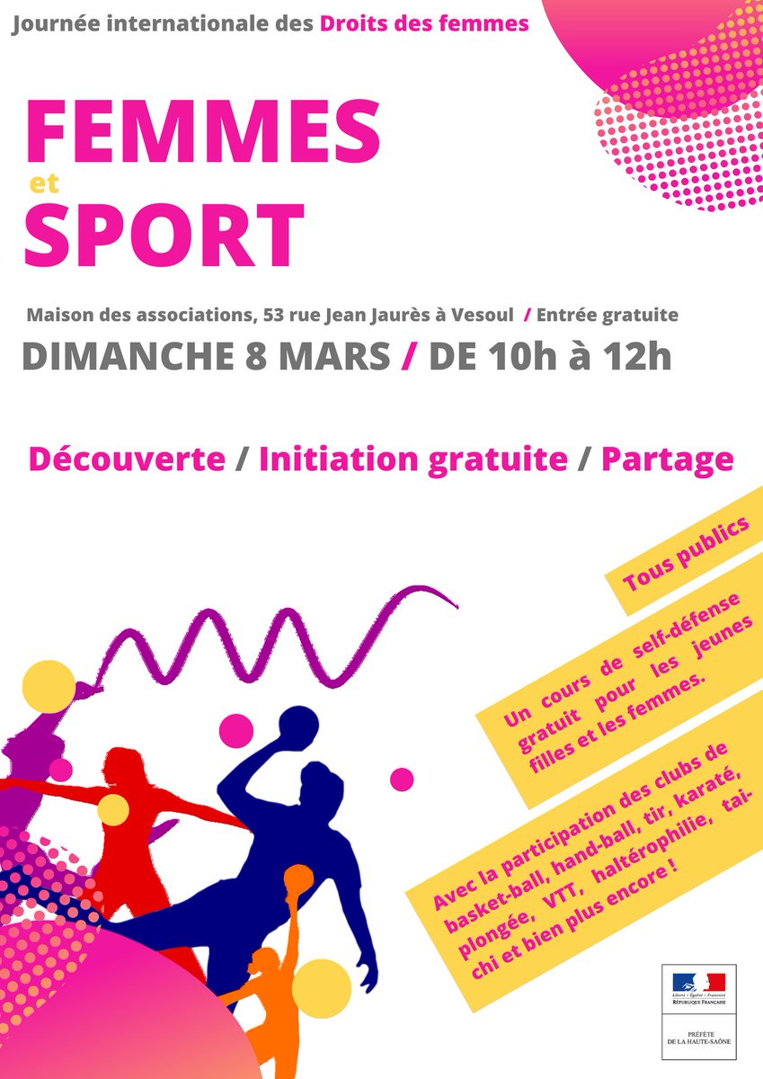 Prefet70's tweet photo. [#8Mars] Les #femmes ?👩Le #sport ?🏈
C’est le thème de 2020 en #HauteSaône pour la #JournéeInternationaleDesDroitsDesFemmes
Venez #découvrir, vous #initier et #partager les passions de ces femmes :
📆08/03/20
⏱ 10h -12h
📌A la maison des associations de Vesoul
🎫Entrée gratuite https://t.co/UCGJBYcHlt