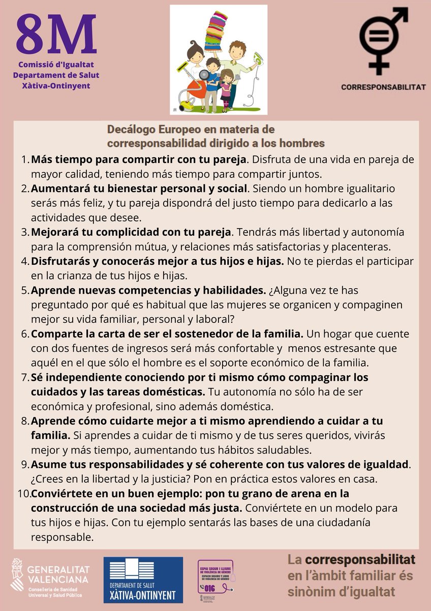 GVAdsxo's tweet photo. Qui ens cuida? La corresponsabilitat és sinònim d'igualtat, comparteix aquests missatges i fes RT. Comissió d'Igualtat de @GVAdsxo  #8MDSXO 
#8MXativaOntinyent #8M https://t.co/BFb3w7642v