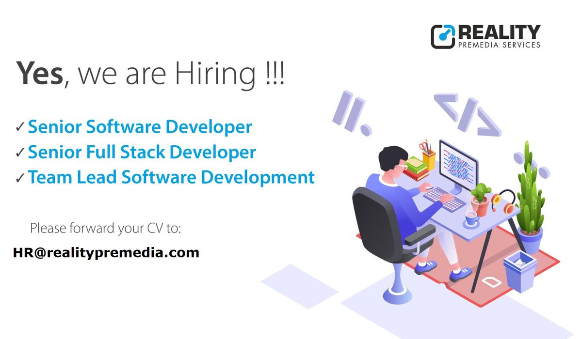 RealityPremedia's tweet image. We are hiring for #SeniorSoftwareDeveloper, #SeniorFullStackDeveloper #TeamLead #SoftwareDevelopment for Pune Location. Interested email on hr@realitypremedia.com #Jobs #Hiring #Recruitment #Jobsearch #Punejobs #Recruiting #Softwarejobs #FullStackJobs #SoftwareDeveloperjobs.