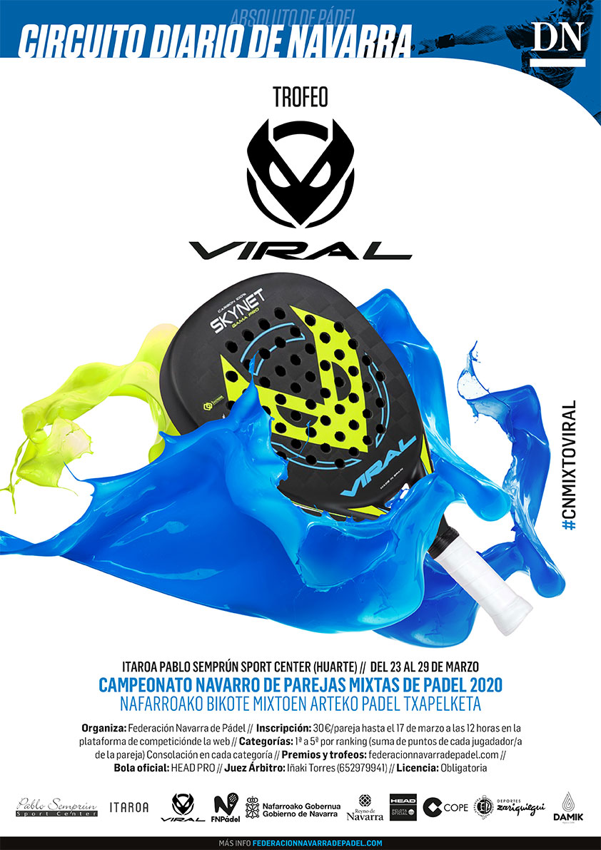 📢¡INSCRIPCIÓN ABIERTA para disputar el TROFEO <a href="/VIRALPADEL/">Viral Padel</a> – CAMPEONATO NAVARRO DE PAREJAS MIXTAS🚹🚺 DE PÁDEL 2020! #CNMIXTOVIRAL
📍<a href="/ItaroaPabloSemp/">Itaroa Pablo Semprún</a> 
📅23 - 29 MARZO 
Apúntate hasta el 17 de MARZO a las 12.00h pinchando AQUÍ👉bit.ly/2vEEPxf
¡Único torneo mixto del año!