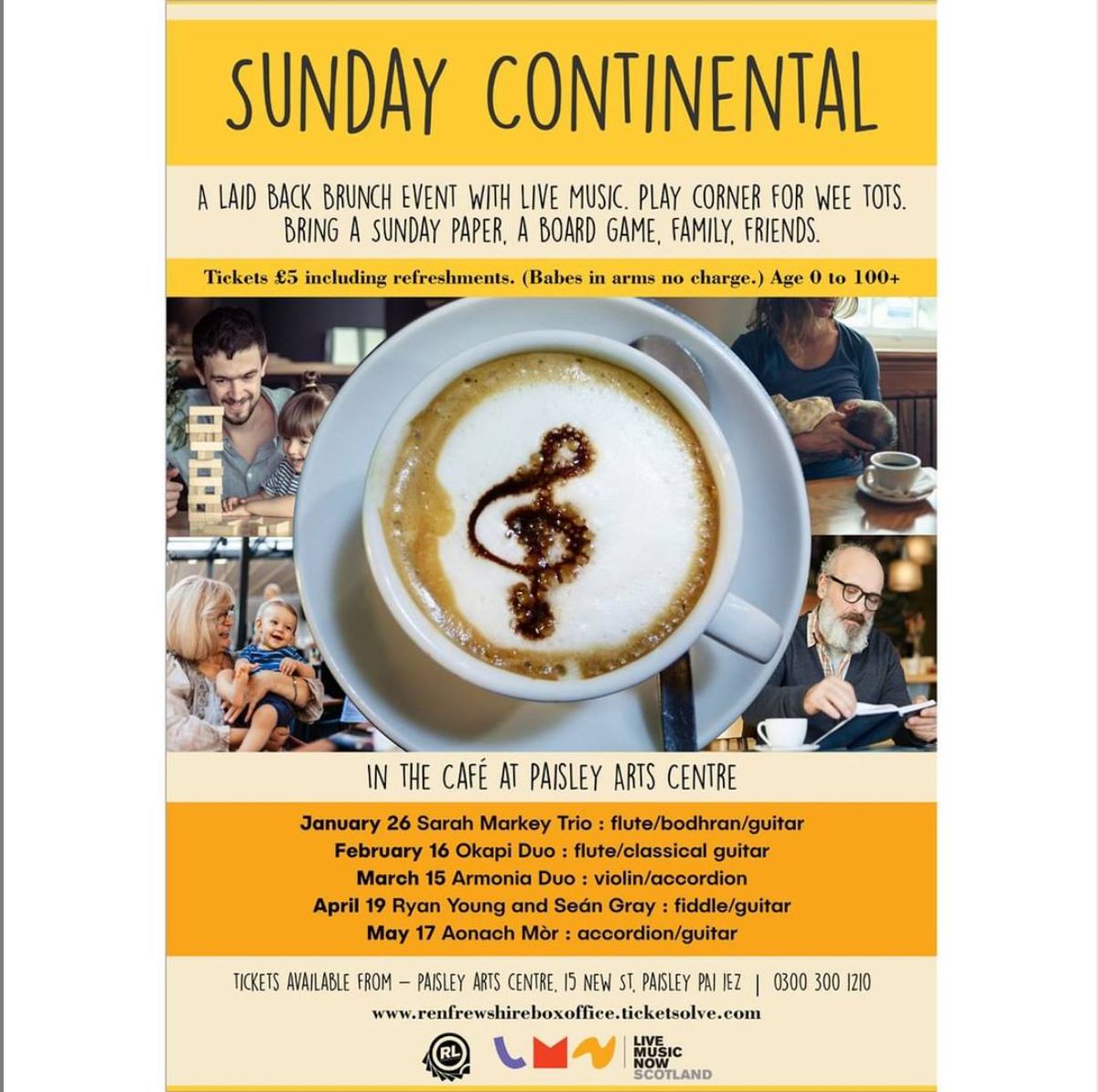 Johnstone_TH's tweet photo. #SundayContinental - our #familyfriendly, #livemusic brunch with @LiveMusicNowSCO - returns to the @PaisleyArts cafe at 11am - 1pm on 15 March!

£5 (includes refreshments + kids play corner) 
All welcome!
💻 https://t.co/zYi8gm1uJd
☎️ 0300 300 1210
ℹ️ In person at box office https://t.co/89ibF236J6