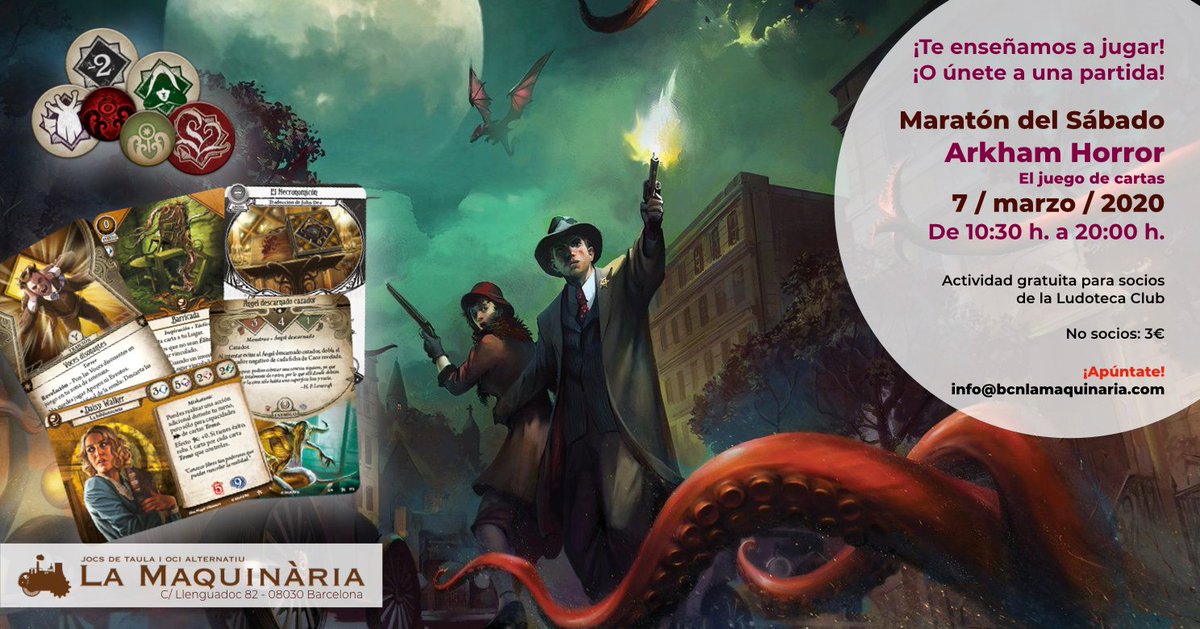 BCNLaMaquinaria's tweet photo. Este #sábado 7/3/2020: Maratón “Arkham Horror” (#JuegosDeCartas). Todo el día. Te enseñamos a jugar. Y, si ya sabes, únete a un grupo de investigadores de los que frecuentan La Maquinària.
#JuegosDeMesa #Boardgames #AprenderAJugar #OcioAlternativo #TiempoLibre #FinDeSemana https://t.co/vY2EiAH8ys
