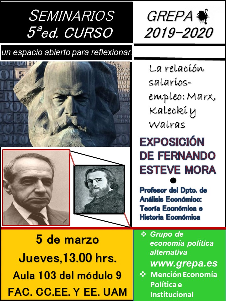 UAM_Economicas's tweet photo. 🗣️ Fernando Esteve, profesor de la @UAM_Madrid nos hablará de "La relación salarios empleo: Marx, Kalecki y Walras" en el 5º Seminario de Política Alternativa que organiza #GREPA
🗓 05/03
⏰ 13:00h
📍 E9-103
+ info 👉 https://t.co/GnqsLMAnbh #seminariosUAM_Económicas #GREPA https://t.co/msSWjdHNrK