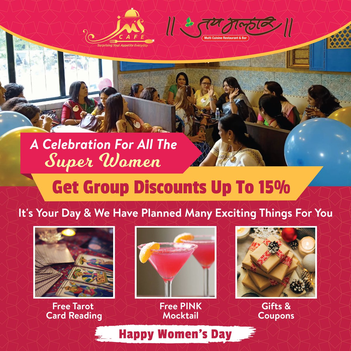 JMSCafeKalyan's tweet photo. Hi Ladies

Celebrate Women's day at #JMSCafe. We'll treat u with a FREE- Tarot Reading, Pink Mocktail &amp; Other Surprises.

Come with your Lady Gang &amp; get Discount upto 15%
Book Your Seat, Call- 072778 77577

#WomensDay #WomenDayCelebration #InternationalWomensDay #WednesdayWisdom https://t.co/NgCsNPBQNQ