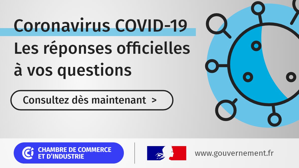 [POINT INFO 📍]
Le réseau #CCI est mobilisé dans les #territoires aux côtés des #entreprises impactées par le #coronavirus.
Découvrez les réponses du <a href="/gouvernementFR/">Gouvernement</a> 🇫🇷 par ici 👉 gouvernement.fr/info-coronavir… 
<a href="/BrunoLeMaire/">Bruno Le Maire</a> <a href="/AgnesRunacher/">Agnès Pannier-Runacher 🇫🇷🇪🇺</a> <a href="/DGEntreprises/">Direction générale des Entreprises</a> #Covid_19