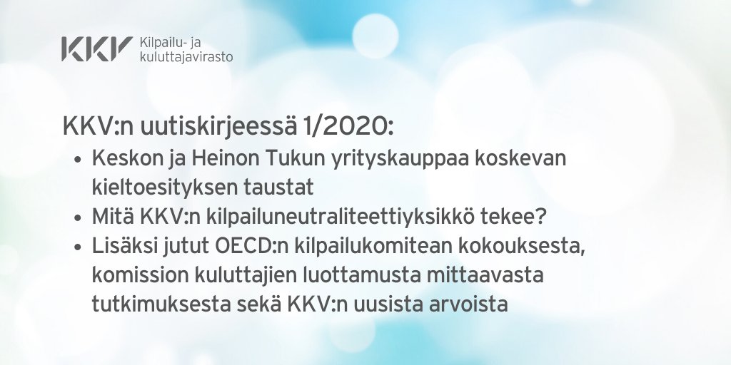 KKV:n uutiskirje on juuri julkaistu. Mukana ajankohtaisia juttuja mm. yrityskauppa- ja kilpailuneutraliteettivalvonnasta.

Tutustu uutiskirjeeseen➡️ anpdm.com/newsletter/597… 
Tilaa uutiskirje➡️ kkv.fi/ajankohtaista/…