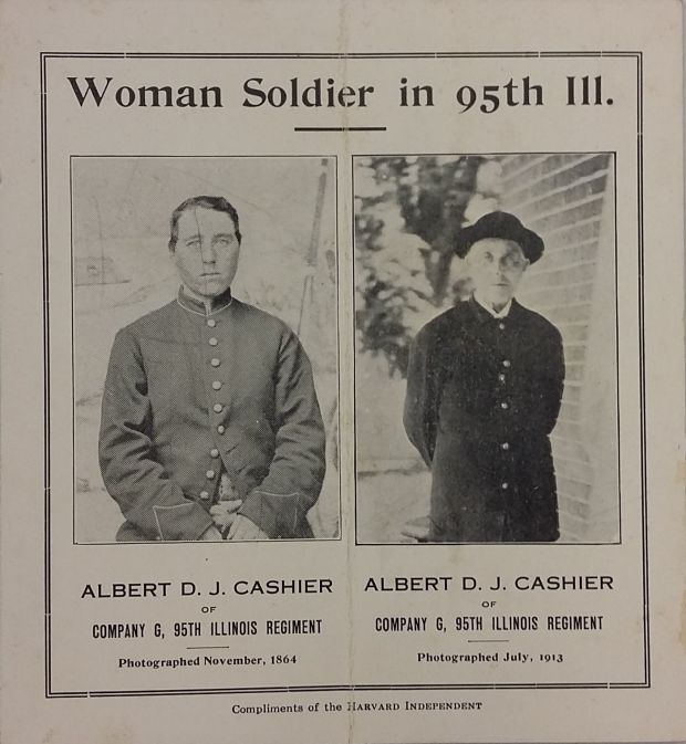 Albert DJ Cashier 1843-1915. Born Jennie I Hodgers in Clogherhead, Co Louth. 17, sailed to US; reinvented herself as man! In Union Army in Civil War; brave & loyal! Treated in hospital after war & discovered he was female; army took pension away! Colleagues protested; reinstated!