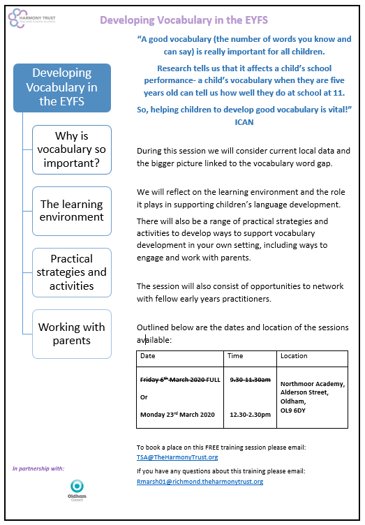 FREE for Oldham Early Years settings - Developing Vocabulary in the EYFS. The session on Friday 6th March is now full! We have another session on Monday 23rd March 2020 <a href="/Richmond_HT/">Richmond Academy</a> in partnership with <a href="/OldhamCouncil/">Oldham Council</a> #EYFS <a href="/MissMarsh_HT/">Miss Marsh</a> email TSA@theharmonytrust.org to book