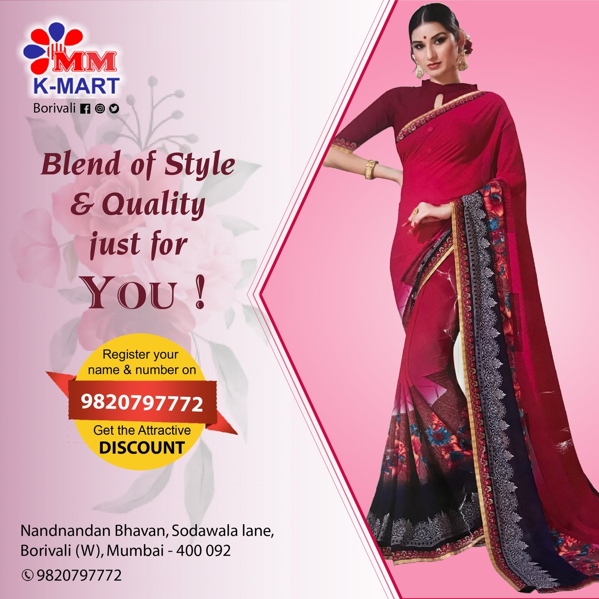 MMKMart1's tweet photo. Simple, elegant and bold, all at the same time, this #saree is perfect for any occasion.
 💃💃Women's Day Offer💃💃

Get 20% Off on Ladies #Dresses, #Sarees &amp; #Jewellery.
On Minimum purchase of above Rs.500/-
 #mmkmart #saree #style #fashion #sareefashion #visitstore #borivali https://t.co/FLjucm6tHz