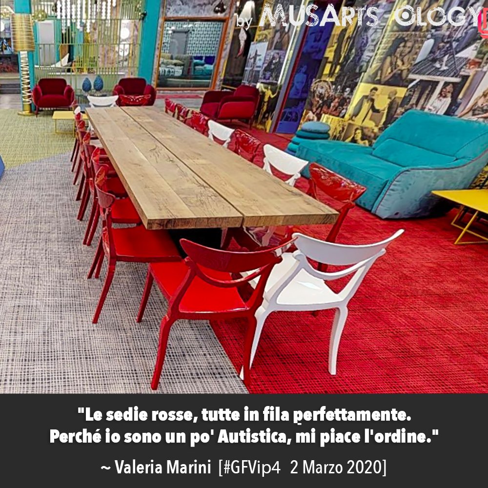 Zenima's tweet photo. @ilgiomba 🗣"Le sedie rosse, tutte in fila perfettamente. Perché io sono un po' Autistica, mi piace l'ordine." ~ #ValeriaMarini [#GFVIP 2 Marzo 2020] ‼️ DA ESPULSIONE. Il 2 Aprile, si celebra la Giornata Mondiale della Consapevolezza dell'Autismo [#WAAD] VERGOGNA! @GrandeFratello https://t.co/dmGmFRVzxz