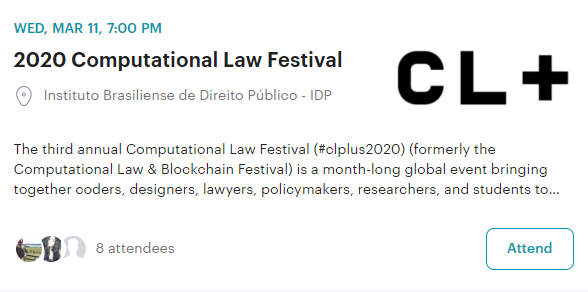 BSBLegalHackers's tweet photo. Our participation in Computational Law Festival (#clplus2020)
#LegalHack

Apresentação do CTO da #Looplex (de São Paulo) sobre Legal Coding. 

Dia 11/3 no IDP das 19h-21h.

https://t.co/D3Zi13beUv https://t.co/x0TgHeg9Gb
