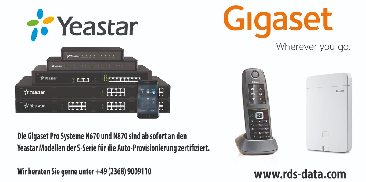 Die #Gigaset Systeme #N670 und #N870 sind ab sofort zum #AutoProvisionierung an den #Yeastar Systemen der S-Serie zertifiziert. Bitte rüstet eure Anlagen Firmware und die Auto-Provisionierung auf den aktuellen Stand hoch. #rdsdata