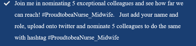 TorbaySDevonNHS's tweet photo. Join others in nominating 5 exceptional colleagues and see how far we can reach! #ProudtobeaNurse_Midwife

Just add your name and role, upload to twitter and nominate 5 colleagues to do the same with #ProudtobeaNurse_Midwife https://t.co/OUn8eFeO8x