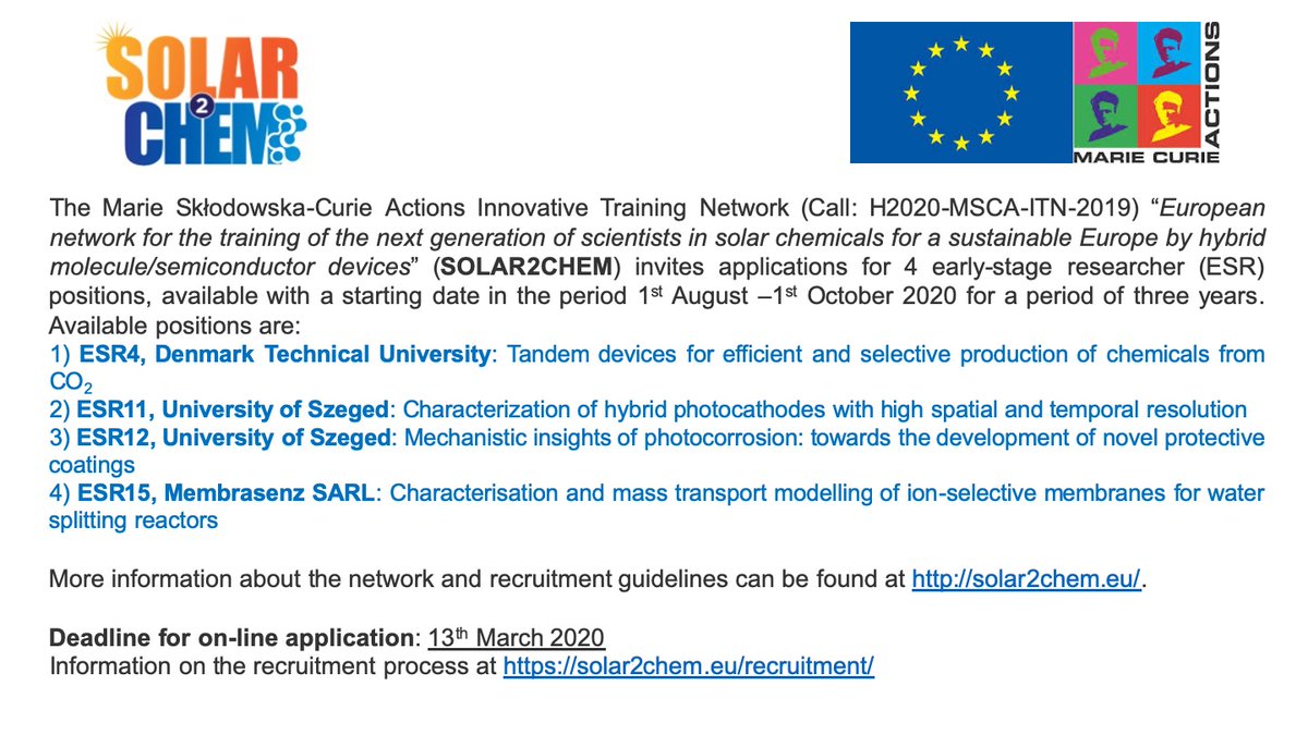 Solar2Chem (@solar2chem) on Twitter photo Please RT! 4 positions still available within the SOLAR2CHEM programme!
SOLAR2CHEM, H2020-MSCA-ITN-2019: 4 Early-Stage Researcher (ESR) 3-year positions euraxess.ec.europa.eu/jobs/496767
<a href="/sunriseaction/">sunriseaction</a> <a href="/ENERGYX_PROJECT/">ENERGY-X</a> <a href="/MSCActions/">Marie Skłodowska-Curie Actions</a> <a href="/ACSNews/">ACSNews</a> <a href="/royalsociety/">The Royal Society</a> <a href="/ElsevierNews/">Elsevier News</a> Please RT! 4 positions still available within the SOLAR2CHEM programme!
SOLAR2CHEM, H2020-MSCA-ITN-2019: 4 Early-Stage Researcher (ESR) 3-year positions euraxess.ec.europa.eu/jobs/496767
<a href="/sunriseaction/">sunriseaction</a> <a href="/ENERGYX_PROJECT/">ENERGY-X</a> <a href="/MSCActions/">Marie Skłodowska-Curie Actions</a> <a href="/ACSNews/">ACSNews</a> <a href="/royalsociety/">The Royal Society</a> <a href="/ElsevierNews/">Elsevier News</a>