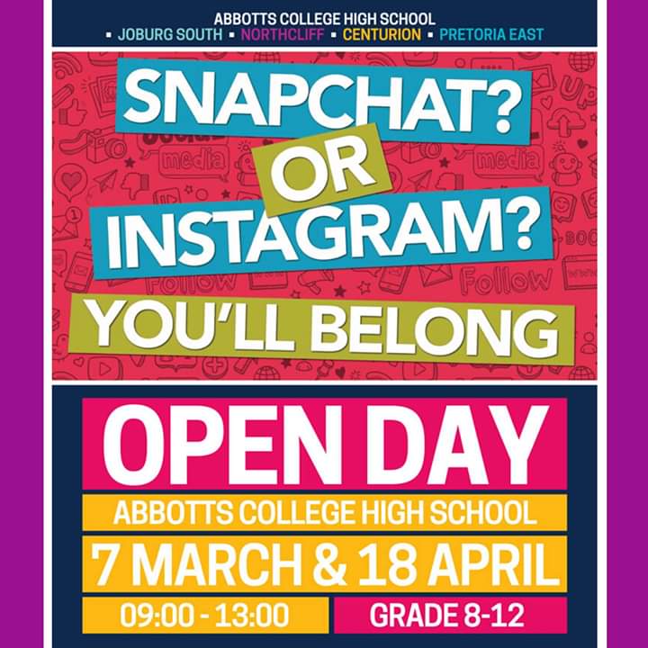 Abbotts_South's tweet photo. Don't forget about our open day this Saturday! It is the perfect opportunity to get more info about our school and take a look at what we have to offer. We will gladly show you around. 

7 March 2020
9:00-13:00

#AbbottsCollege
#ChangeSchoolsChangeYourLife
#AbbottsCollegeJHBSouth https://t.co/elLrPzzX4n