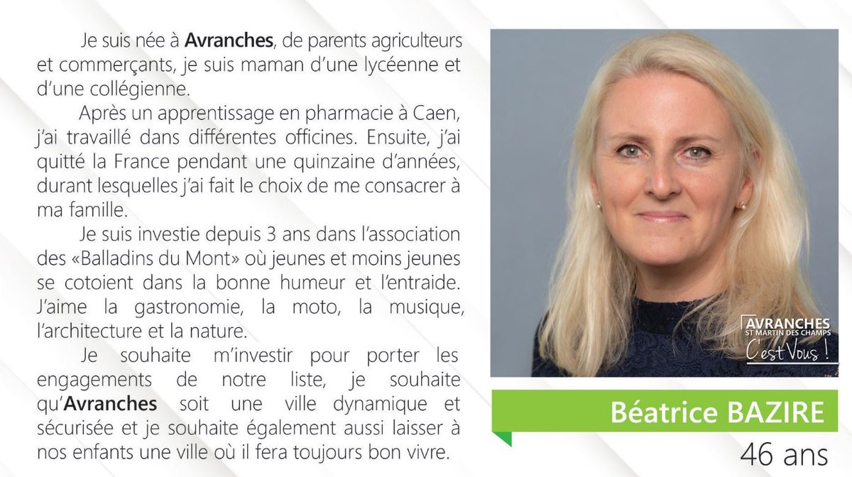 AvranchesC's tweet photo. Présentation de Béatrice Bazire, membre de la liste Avranches - Saint Martin Des Champs c'est vous

#Election2020 #Municipales2020  #avranches #saintmartindeschamps #avranchessaintmartincestvous #manche #municipalesavranches #municipalessaintmartindeschamps https://t.co/jFrwkuzDUC