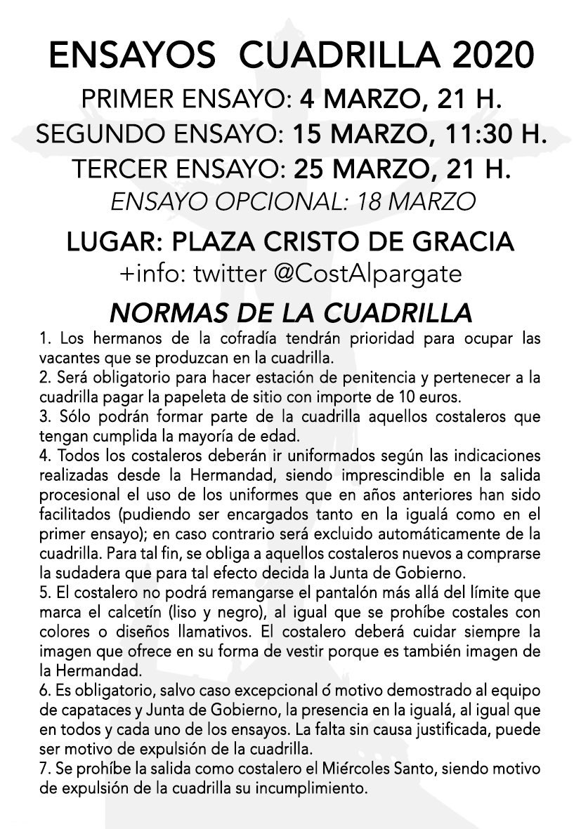 CostAlpargate's tweet photo. Hoy, a las 21 horas en la plaza Cristo de Gracia, primer ensayo de la cuadrilla de costaleros. Se ruega puntualidad. https://t.co/DabuPkHg1Q