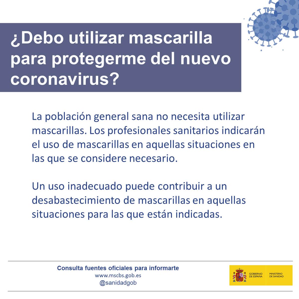 SaludPublicaEs's tweet photo. La población general sana no necesita utilizar mascarillas ‼

Son los profesionales sanitarios quienes indicarán cuándo es necesario. No te dejes llevar por falsas informaciones, su uso inadecuado puede dar lugar a desabastecimiento.

Más info de #OMS 👇
https://t.co/b4nF17Bbcl https://t.co/PiMgDwyYBo