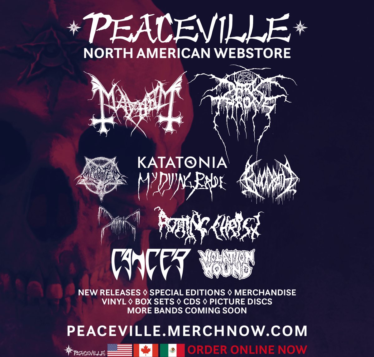 PeacevilleRecs's tweet photo. What a lineup!
North American Webstore is LIVE!
Shop here: https://t.co/6Ga9Zq7WhK
Featuring: #Darkthrone, #TheTrueMayhem, #Mortem, #Katatonia, #MyDyingBride, #Bloodbath, #MORK, #RottingChrist, #CancerBand, #ViolationWound
More releases coming soon... https://t.co/mRxOLgTPpP