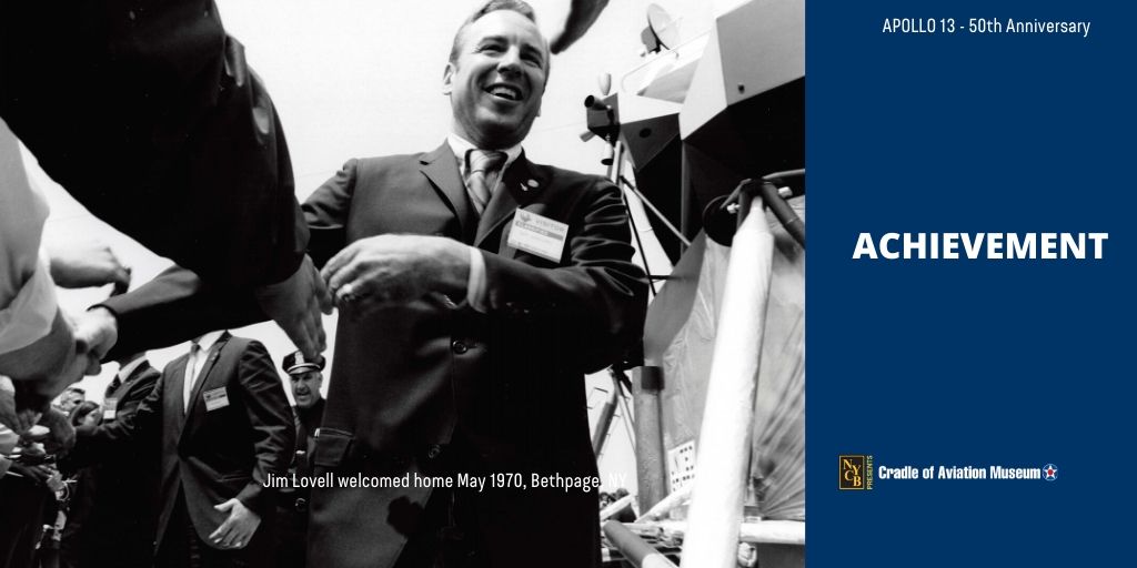 CradleAviation's tweet image. T-Minus 43 of #apollo13 50th Anniv. Countdown w/Mission Commander Jim Lovell Jr. being welcomed back to Grumman Corp. "If we don't do anything, let's get back up to Grumman and say "Thanks." Join us on 4/23 as we celebrate triumph.  #apollo50 #lunarmodule #History #gratitude