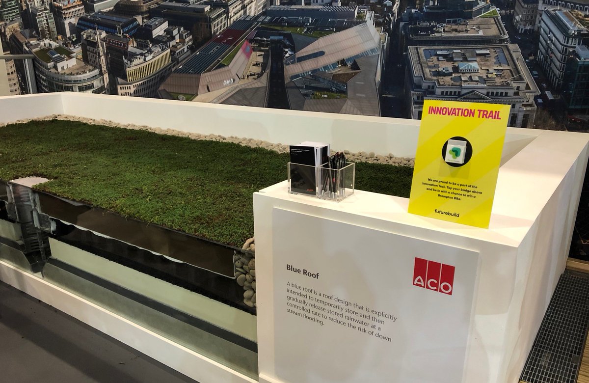 ACO_BD's tweet photo. #SuDs are essential for effective rainwater management. A core part of any urban drainage strategy, blue, green &amp; blue/green roofs have an important role to play. Visit stand E150 @FuturebuildNow to learn more about our patent-pending ACO RoofBloxx rainwater attenuation system. https://t.co/RlhEbNdTea