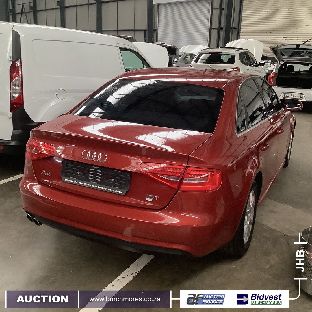 On auction (JHB) - 2013 AUDI  A4 1.8T SE - 23 430 km

Bank-repo and Fleet vehicle auction
Wed, 4 Mar @ 6:30am
More Info: burchmores.co.za/auction/954
WhatsApp helpline: 067-036-1611 (text only)

Finance available:
Leatitia: 082-960-9506
or leatitia@auctionfinance.co.za