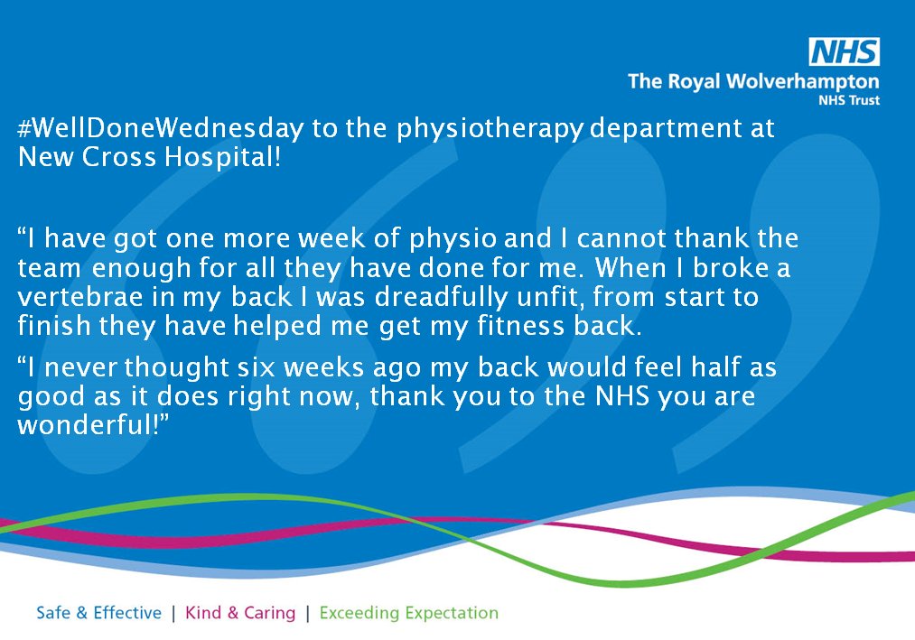 RWT_NHS's tweet photo. #WellDoneWednesday to the physiotherapy department at New Cross Hospital! 👍😃

#WednesdayMotivation #Excellentfeedback #NHS https://t.co/Jv6zXdCOjS