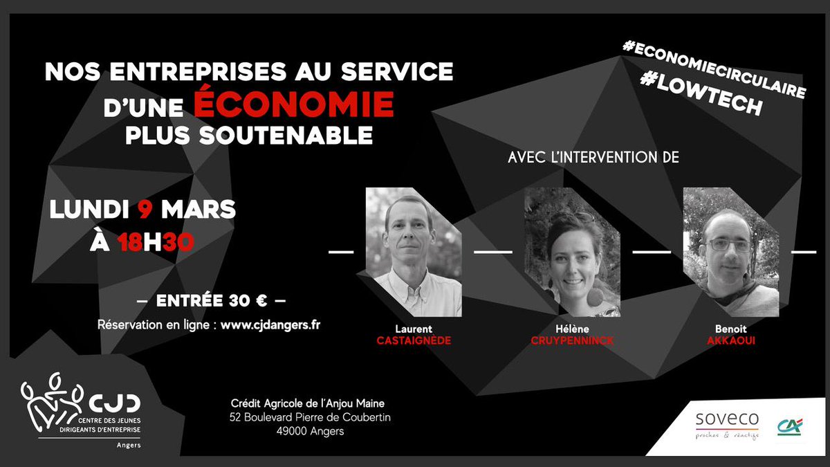 #conference #9mars #angers 
NOS ENTREPRISES AU SERVICE D'UNE ÉCONOMIE PLUS SOUTENABLE

weezevent.com/imaginons-une-…