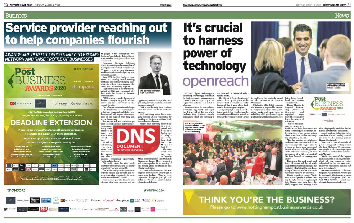 Check out this weeks coverage featuring <a href="/dnslimiteduk/">Document Network Services</a> and <a href="/WeAreOpenreach/">Openreach</a>. The entry deadline has been extended until Friday 6th March so dont miss out and visit our website to apply-bit.ly/2RWxoJ6
#NPBA2020