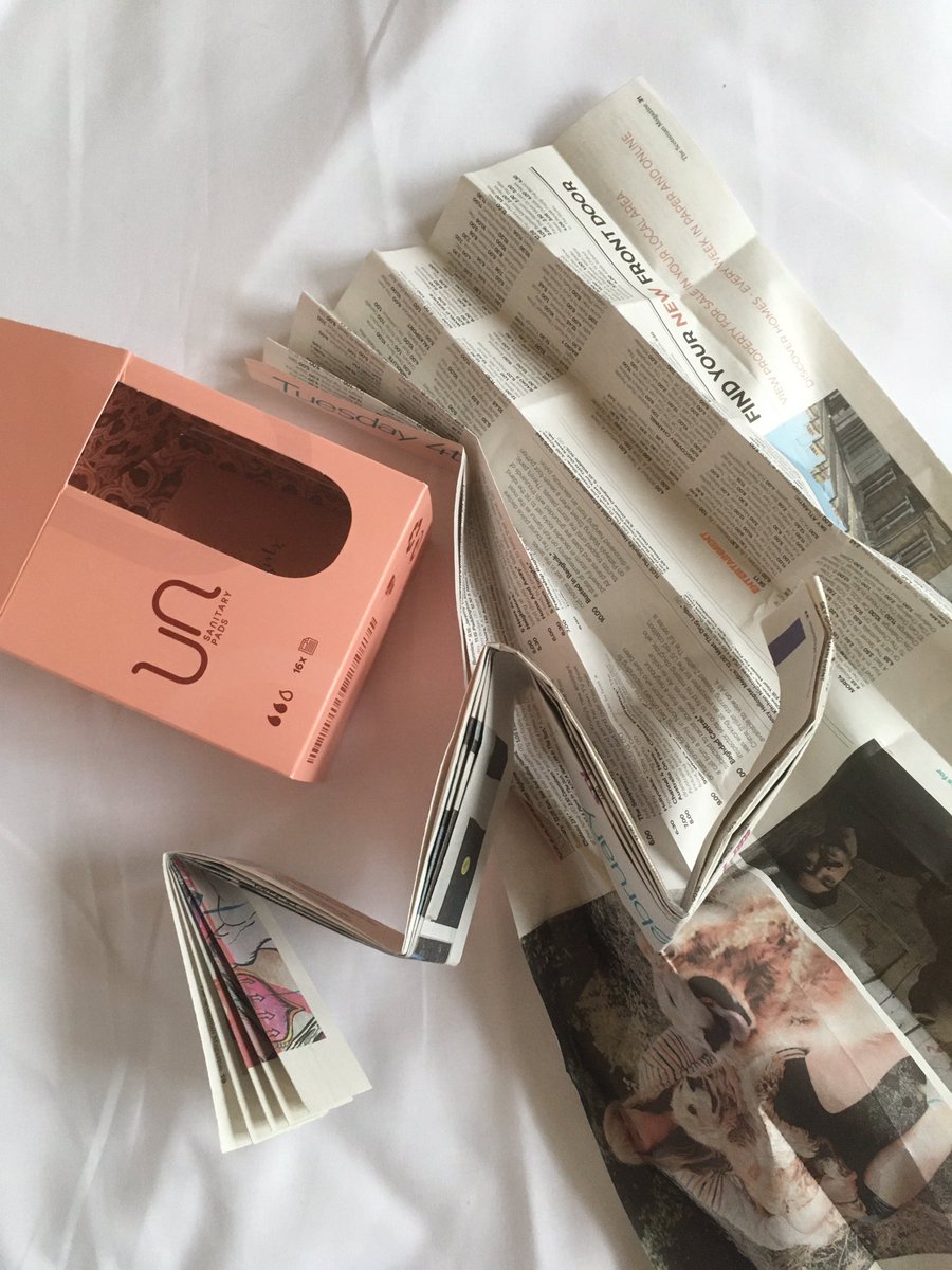 SigneBanke's tweet photo. Talking about the (vibrant) materiality of menstrual products, we must not forget what the materiality of not having a product at hand looks and feels like, sticking toilet paper (many do so!) or as @uk_unsanitary points to - newspaper in your underwear. Unpleasantly vibrant. https://t.co/GO3UsCbrji
