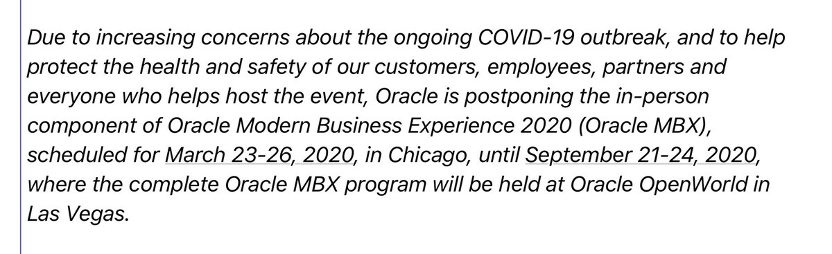 ggonza4knex's tweet image. It is official. Due to COVID-19 outbreak  #OracleMBX will be held at #OOW20LV #oracle #cloud #events