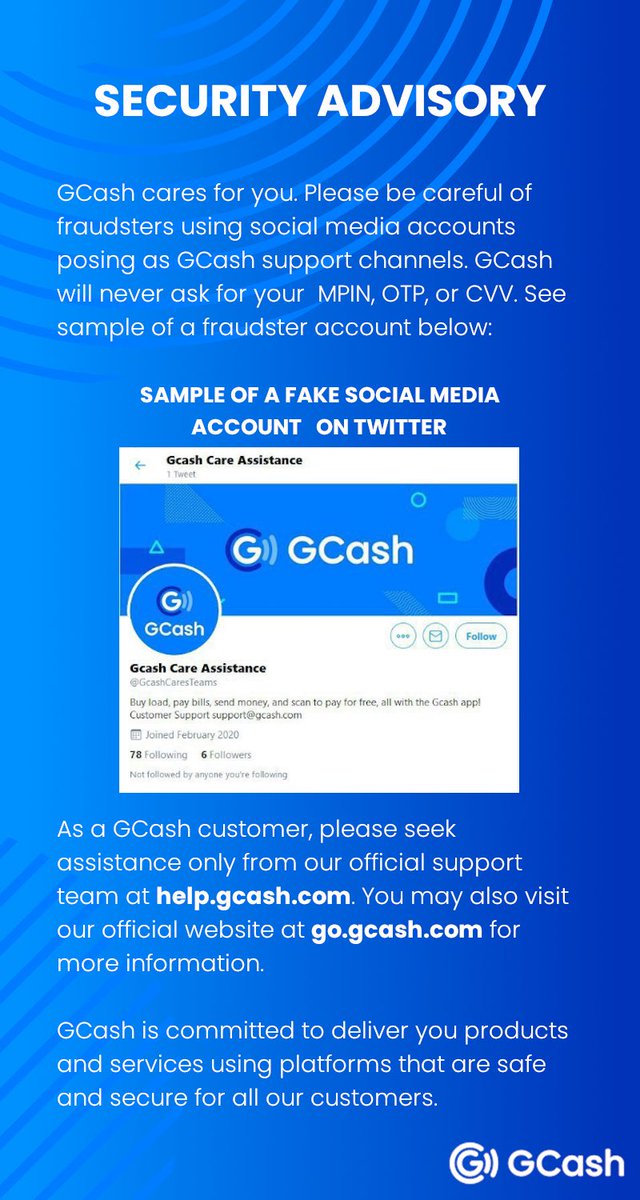 Gcash Gcash Advisory Be Careful Of Scammers Who Ask For Your Mpins Otps And Cvvs Official Gcash Representatives Will Never Ask For These Information Should You Encounter Any Account Issues