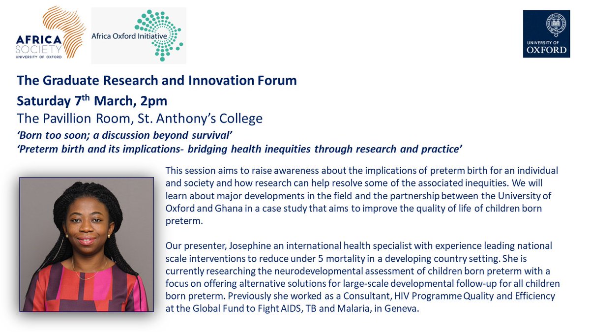 Ox_wrh's tweet photo. We would like to invite you to GRAIN, a town hall series by @oxfordafrica &amp; @Africa_Oxford ! Join us on Saturday 7th March to hear Josephine Agyeman-Duah an #InternationalHealth specialist from @Ox_wrh present 'Born too soon; a discussion beyond survival' #Afrisoc #AfOx https://t.co/BN1V5SAvvw