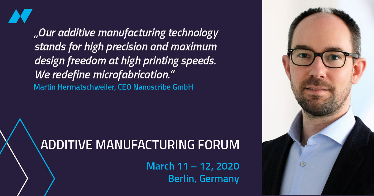 NanoscribeGmbH's tweet photo. 💡 Interested in 3D Microfabrication? Our CEO Martin Hermatschweiler will discuss ⏩Additively manufactured, high-precision meso & micro components⏪ at the Additive Manufacturing Forum Berlin. March 12, 2020, 10:45-11:05 (Track 2: AM Insights) #AMForum20 #3Dprinting @IPM_Network https://t.co/7cfkoU2aQp