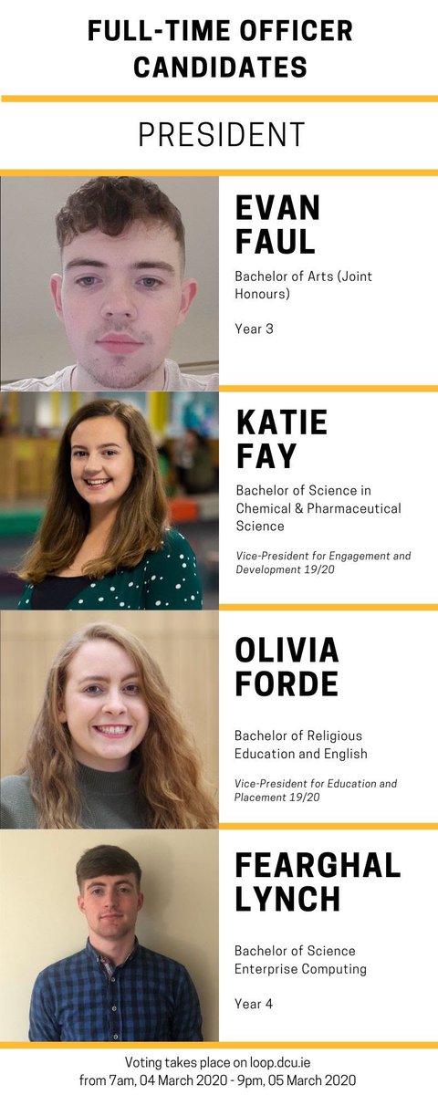 DCUSU's tweet photo. A reminder of your full time sabbatical officer candidates below. Please read all manifestos and make an educated vote - or try and catch the candidates in person if you can - keep an eye out for them across our campuses over the next two days! ⭐️ #DCUSUVotes https://t.co/JWLnToqXS3