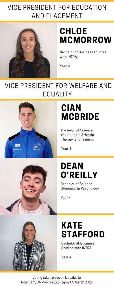 DCUSU's tweet photo. A reminder of your full time sabbatical officer candidates below. Please read all manifestos and make an educated vote - or try and catch the candidates in person if you can - keep an eye out for them across our campuses over the next two days! ⭐️ #DCUSUVotes https://t.co/JWLnToqXS3