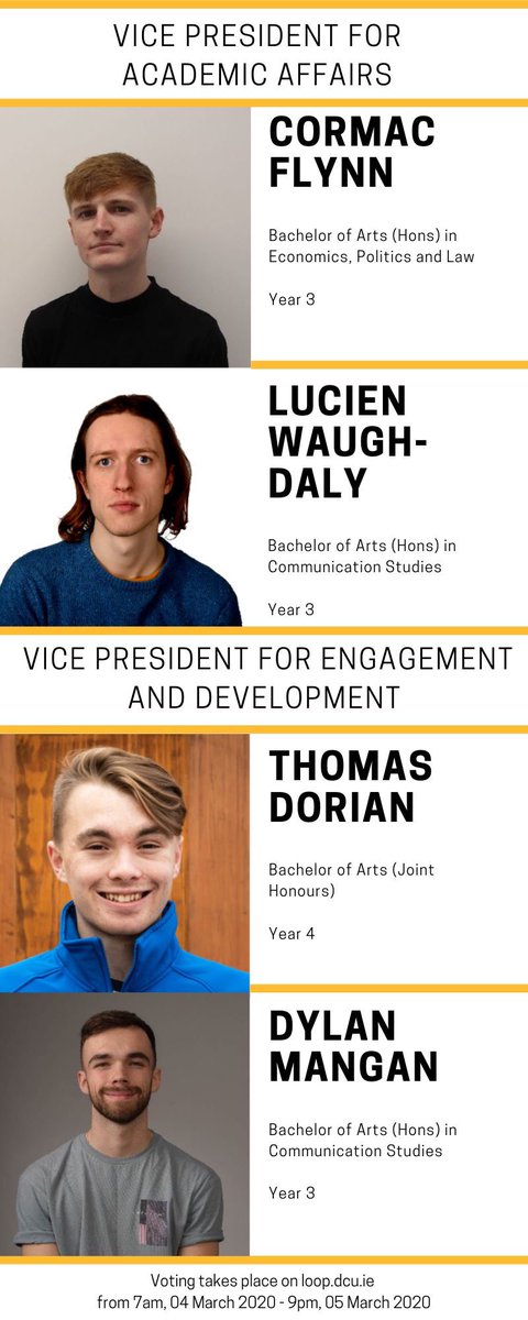 DCUSU's tweet photo. A reminder of your full time sabbatical officer candidates below. Please read all manifestos and make an educated vote - or try and catch the candidates in person if you can - keep an eye out for them across our campuses over the next two days! ⭐️ #DCUSUVotes https://t.co/JWLnToqXS3