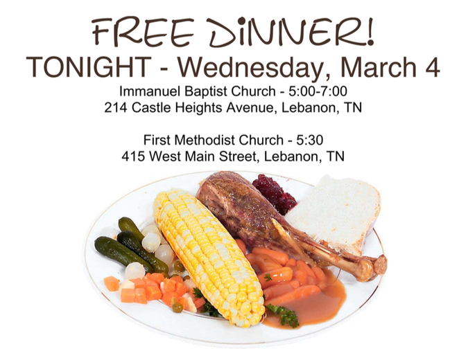 LSSDFRC's tweet photo. FREE Dinner Tonight at two locations @LebanonSSD @ByarsDowdy @CastleHeights2 @CFECougars @SHEtigertales @WalterJBaird @WinfreeBryant @CaptScottMoore @wilsonsheriff @wilsonconews @WilsonPostNews @LebanonPD @AnnieBarger @cityoflebanontn @HuttoRandall https://t.co/71QEbkL0aT